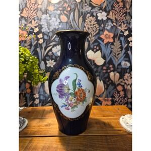 Lindner Keups Porcelain Cobalt Blue Vase Floral Motif Gold Trim Western Germany